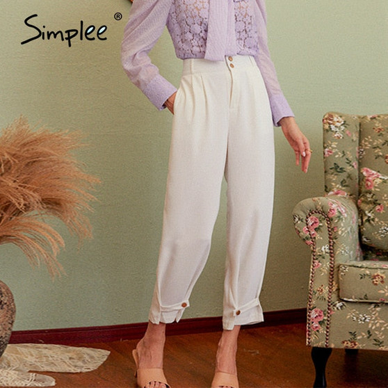 Simplee Women solid  white casual pants 2020 autumn vintage work pants capris female casual office ladies British style trousers