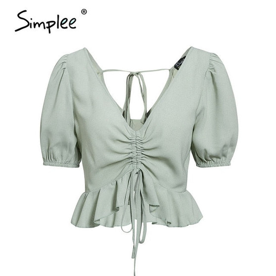 Simplee Vintage sexy beach chiffon crop tops Women blouse shirts lace up ruffles puff blouses Feminino puff casual blusas mujer