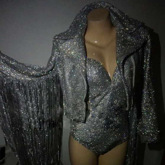 Women's Fashion Silver Silver full rhinestones Blazer Female Singer Dance Jacket Costume tassel Modern Customize Sexy bodysuit