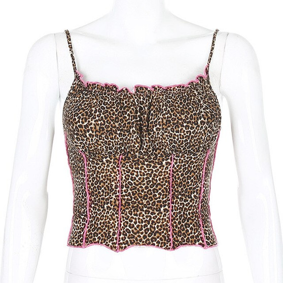 ALLNeon Y2K Fashion Leopard Printing Spaghetti Strap Milkmaid Tops E-girls Wild Skinny Ruched Backless Stitch Ruffles Cami Top