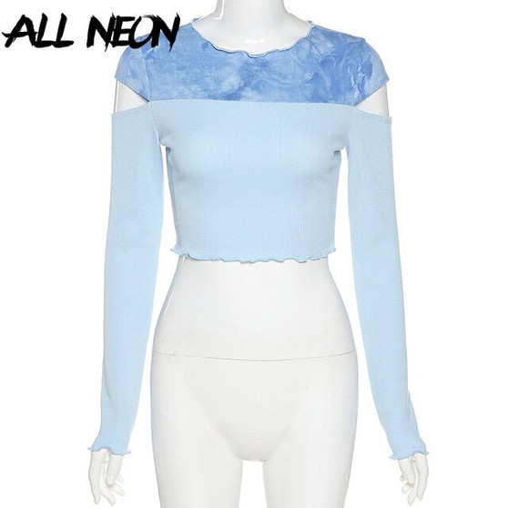 ALLNeon E-Girl Sweet Ribbed Open Shoulder Ruffles Hem Crop Tops K-pop Fashion O-neck Long Sleeve Tie Dye Blue T-shirt Streetwear
