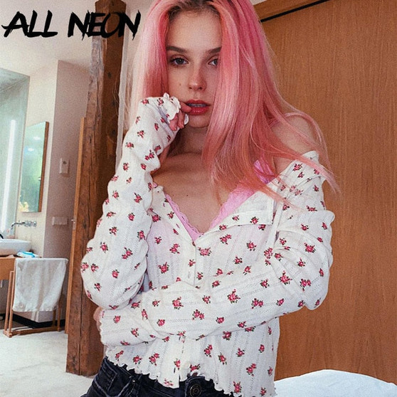 ALLNeon E-Girl Sweet Single-breasted Flowers Crop Tops Y2K Vintage Hollow Out O-neck Long Sleeve Floral T-shirts Streetwear New