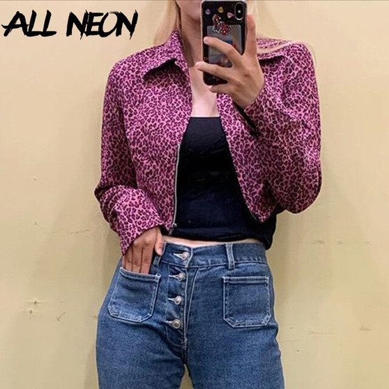 ALLNeon Y2K Fashion Pink Leopard Printing Zipper Front Crop Tops E-girl Style Turn Down Collar Long Sleeve Jackets Streetwear
