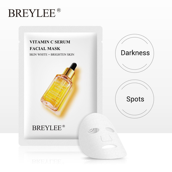 BREYLEE Vitamin C Face Sheet Mask Facial Serum Mask Whitening Anti-Aging Essence Moisturizing Antioxidation Skin Care Cream 1pcs