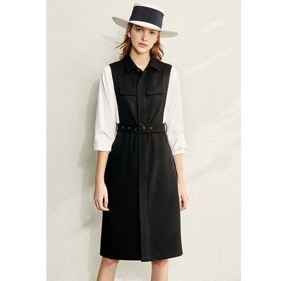 AMII Minimalism  Autumn Fashion Spliced Women Dress Causal Lapel Full Sleeve High Waist Knee-length Female Dress  12030084