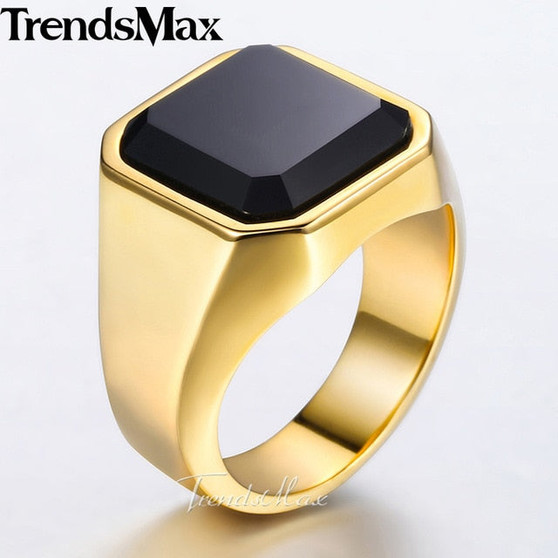 Men's Ring Rock Punk Smooth 316L Stainless Steel Black CZ Gold Silver Color Hip Hop Rings For Men Party Jewelry Wholesale KHRM63
