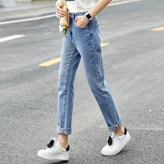 Amii spring simple retro style straight blue jeans women's new high waist loose and slim casual pants 11940077
