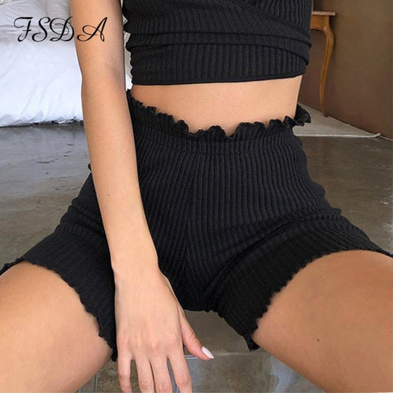 FSDA 2020 Summer Cotton Knit Shorts Women Black Ribber Ruffles Red Casual Biker Shorts Sexy Casual High Waist Streetwear Shorts