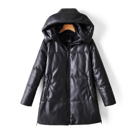 Tangada 2020 Winter Women Pu Leather Long Hood Parkas Thick Pockets Female Elegant PU Overcoat AM20