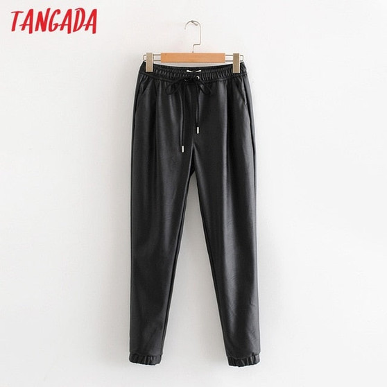 Tangada women black PU leather pants stretch waist drawstring tie pockets female autumn winter elegant trousers HY02