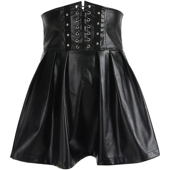 SUCHCUTE Women's Skirts Gothic Harajuku Bandage Faux Leather Korean Fashion Black Mini Pleated Skirts 2020 Summer Party Pu Saias