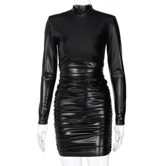 Dulzura Pu Leather Mini Dress Ruched Turtleneck Long Sleeve Bodycon Bandage Sexy Streetwear Party Elegant Autumn Winter Club