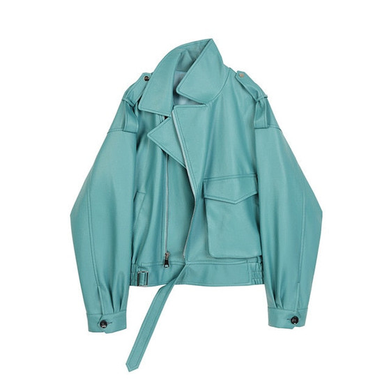 [EAM] Loose Fit Blue Pu Leather Pocket Big Size Jacket New Lapel Long Sleeve Women Coat Fashion Tide Spring Autumn 2020 1Y7580