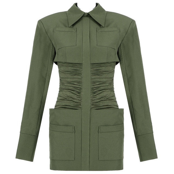 DEAT 2020 New Turn-down Collar Full Sleeves High Waist Slim Covered Hips Green Mini Dress Female Vestido WK35306M