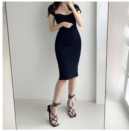 SMTHMA Elegant Slim Summer Dress Women Square Collar Short Sleeve High Waist Knitting Dresses For Female 2020 New Fashion