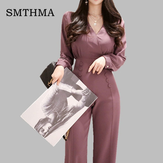 SMTHMA Office Ladies Double Breasted Women Jumpsuit Sexy V-neck Elegant  Jumpsuits Slim High waist Long Playsuit 2019