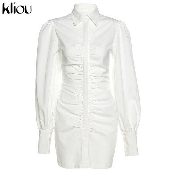 Kliou Lantern Sleeve Stacked Button Shirt Mini Dress Women Turn-Down Collar Single Breasted Sexy Party Streetwear Autumn Outfit