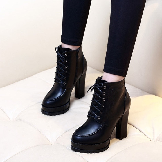 Women Ankle Boots Square High Heel Boots For Woman Fashion Zip Black Autumn Winter Womens Lace Up Platform Boots Shoes CH-B0024