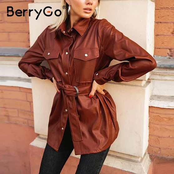 BerryGo Vintage  PU leather blouse women with belt Causal Turn-down single collar tops Autumn winter chic pocket shirt lady 2020