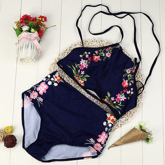 Sexy floral design 2 piece high waisted bikini swimsuit