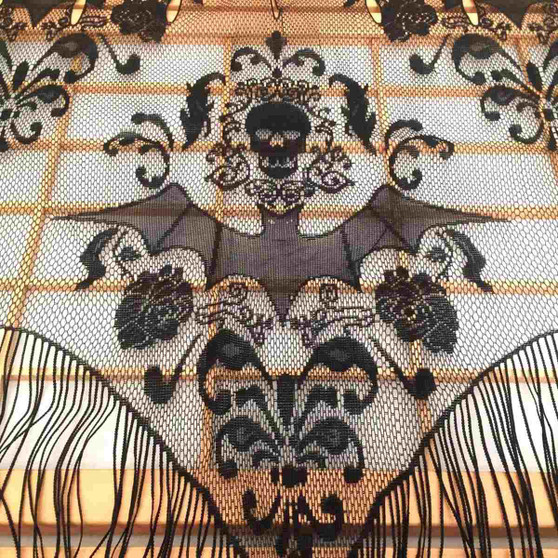 Halloween Gothic Black Lace Tassel Valance Skull Bat Tulle Topper Shawl Halloween Haunted House Party Curtains Fabric Tablecloth