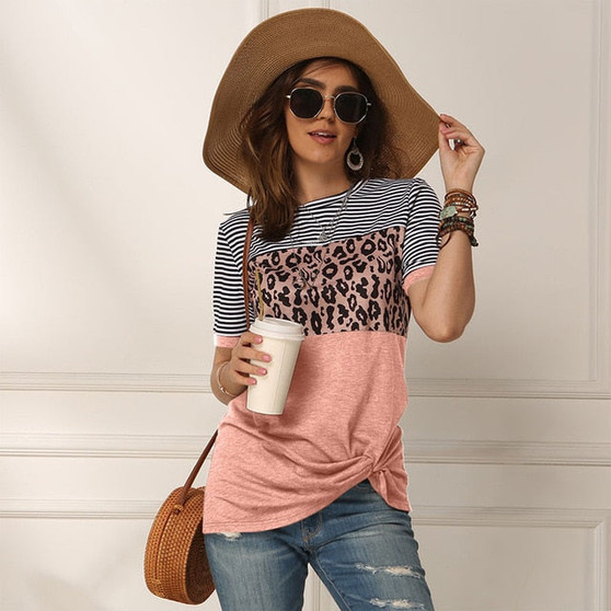 Fashion Women Casual Short Sleeve Summer T-shirt Leopard Stripes Stitching T shirt Top Tees Femme Ladies Tshirt Clothes Soft