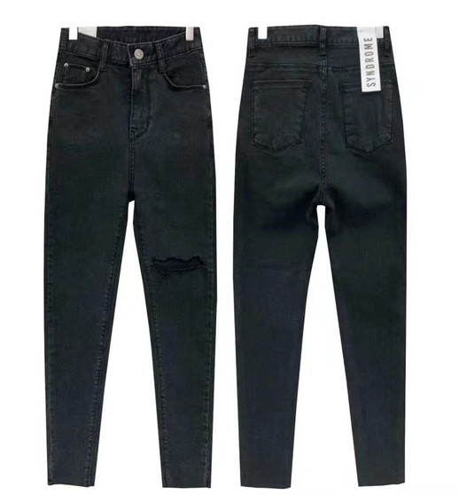 2020 spring autumn fashion black denim trousers with holes at thigh female hot sell slim jeans super stretched pants wholesale