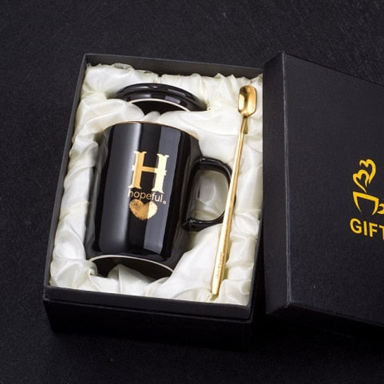 400ml Gold & Black Ceramic Coffee Mug With Lid And Spoon