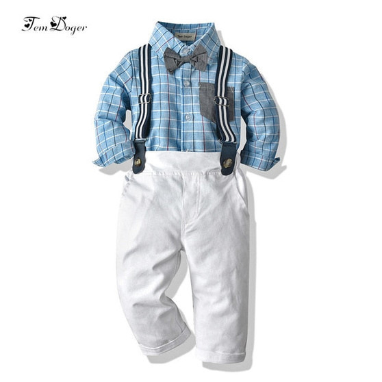 Tem Doger Boy Clothing Long Sleeve Plaid Tie Shirts+Overalls 2PCS