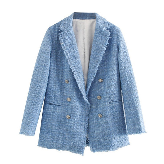 Toppies 2020 blue twill tweed jacket vintage lattice women suit jackets ladies asymmetrical double breasted coat