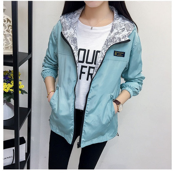 Spring Autumn Fashion women Bomber women Jacket Pocket Zipper Hooded Two Side Wear Outwear Loose Plus Size Windbreaker Famale