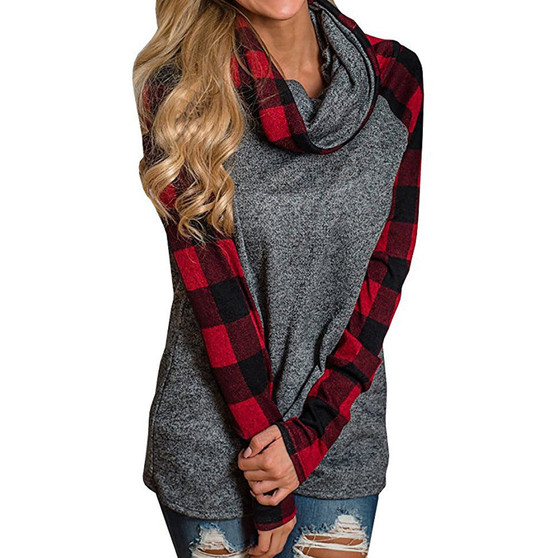 Womens Turtleneck Tops Plaid Shirts Tunic Long Sleeve Pullover Sweatshirt