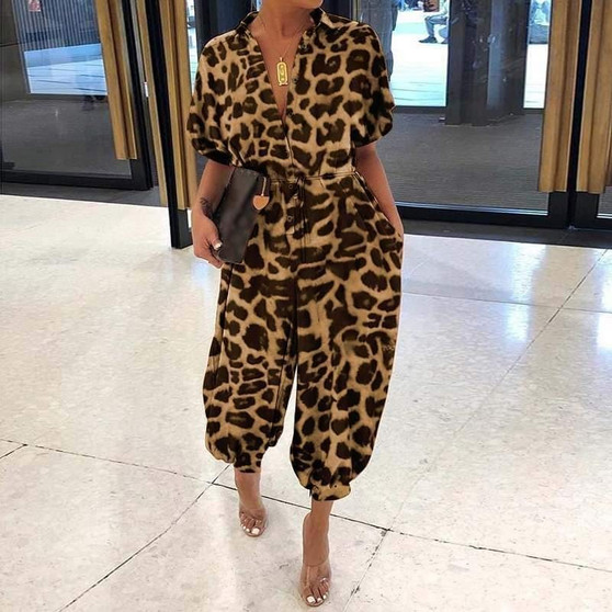 Celmia Plus Size Summer Romper Women Sexy Leopard Print Retro Jumpsuits Short Sleeve Casual Loose Buttons Cargo Pants Overalls