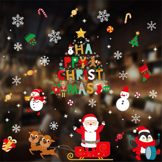 Merry Christmas Stickers Santa Claus Deer Xmas Tree Frozens Snowflake Wall Window Stickers Ornaments Navidad 2021 New Year Decor