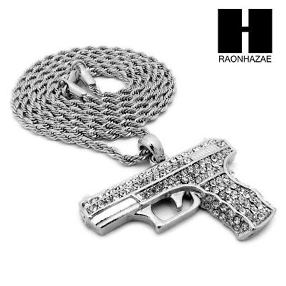 MEN'S WHITE GOLD PLATED GUN PENDANT W 3mm 24" ROPE CHAIN NECKLACE D32S