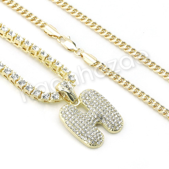 H INITIAL BUBBLE PENDANT W/ 24" MIAMI CUBAN /18" TENNIS CHAIN NECKLACE