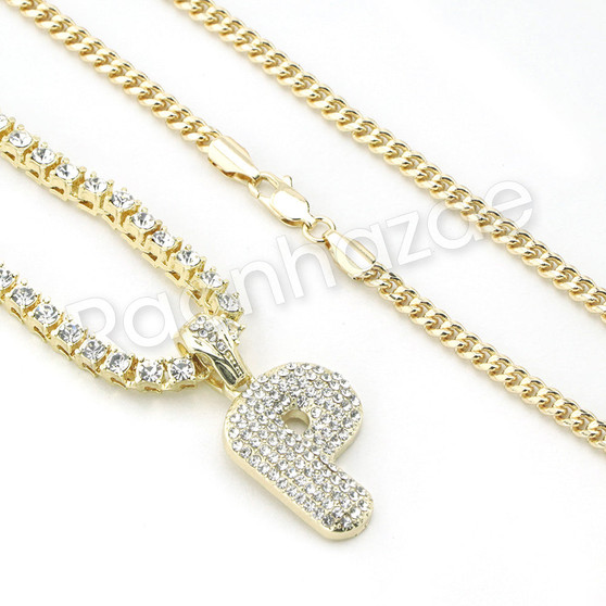 P INITIAL BUBBLE PENDANT W/ 24" MIAMI CUBAN /18" TENNIS CHAIN NECKLACE