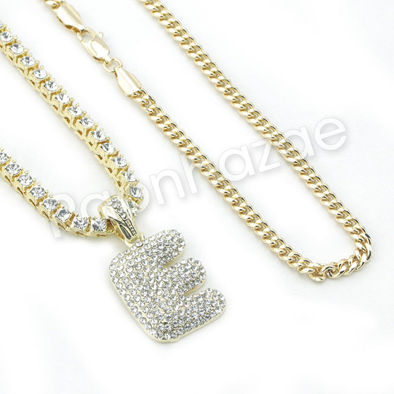 E INITIAL BUBBLE PENDANT W/ 24" MIAMI CUBAN /18" TENNIS CHAIN NECKLACE