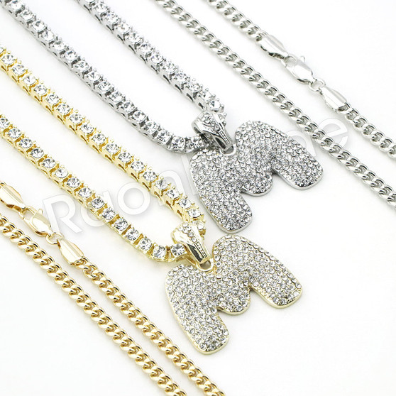 M INITIAL BUBBLE PENDANT W/ 24" MIAMI CUBAN/18" TENNIS CHAIN NECKLACE