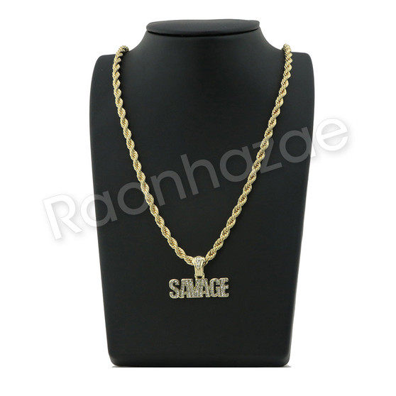 GOLD SAVAGE PENDANT W/ 24" ROPE /18" TENNIS CHAIN NECKLACE S09