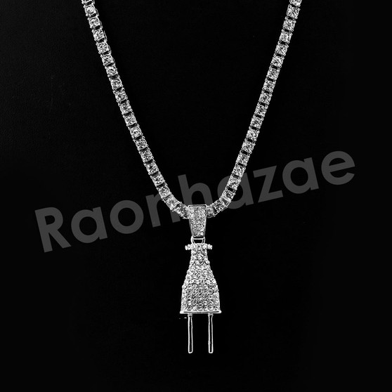 Micro Pave Electric Plug Pendant w/ 18" Tennis / 30" Cuban Chain X1