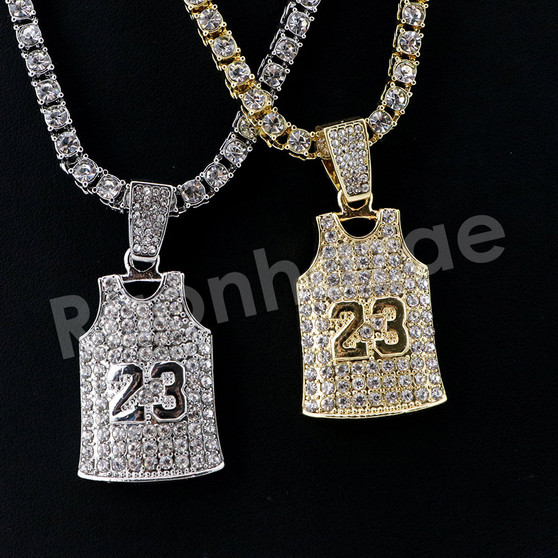 Micro Pave Number 23 Jersey Pendant w/ 18" Tennis / 30" Cuban Chain X3