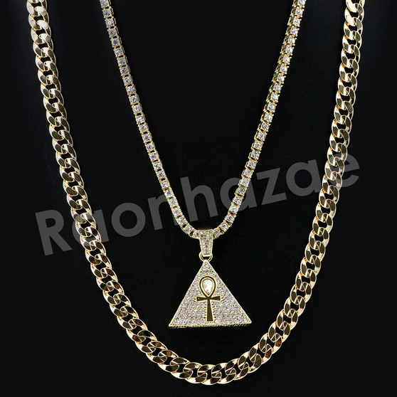 Micro Pave Tri Ankh Cross Pendant w/ 18" Tennis / 30" Cuban Chain X5