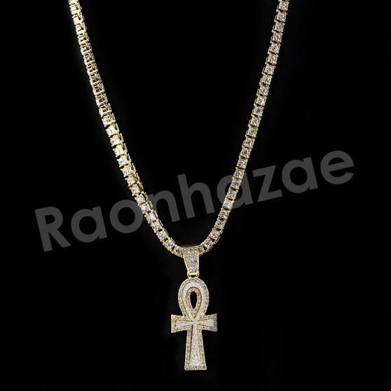 Micro Pave Pharaoh Ankh Cross Pendant w/ 18" Tennis / 30" Cuban Chain