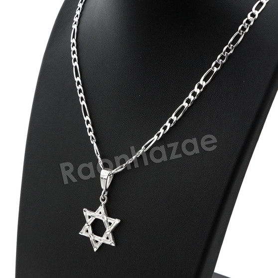 .925 Italian Sterling Silver SIX point STAR OF DAVID Pendant 5mm Figaro Necklace