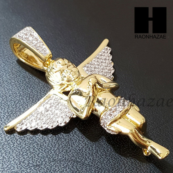 Micro Pave 14K Gold PT Angel Bling Pendant w/ Miami Cuban Chain B031G