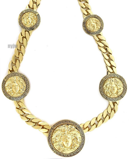 NEW GOLD 5 MEDALLION MEDUSA GREEK CUBAN LINK CHAIN PENDANT 33" NECKLACE KMC001G