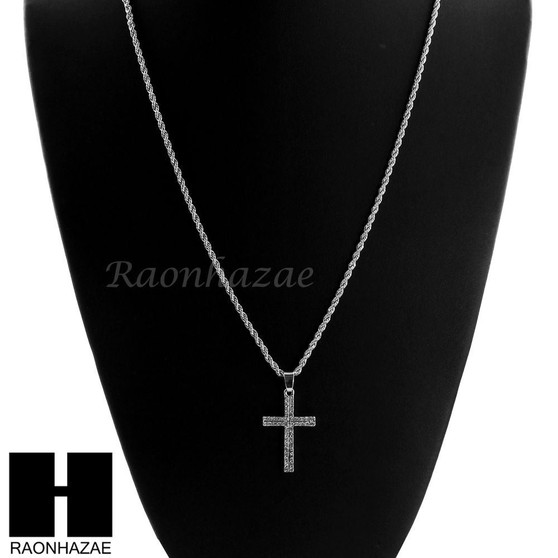 MENS GOLD SILVER MINI CROSS CZ PENDANT 24" ROPE CHAIN NECKLACE SET SC18