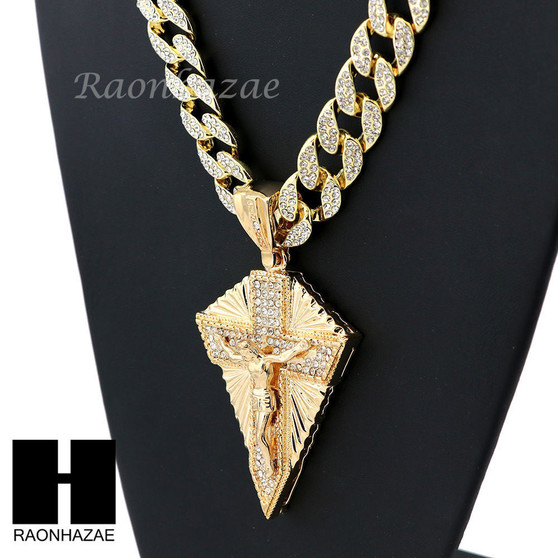 Hip Hop 14k Gold Plated Diamond Jesus Cross Pendant 30" Cuban Chain N06