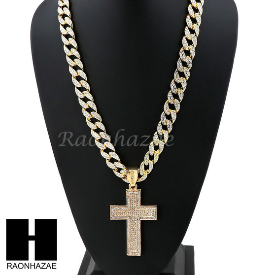 Hip Hop 14k Gold Plated 2Pac Cross PAVE Pendant 30" Cuban Link Chain N2